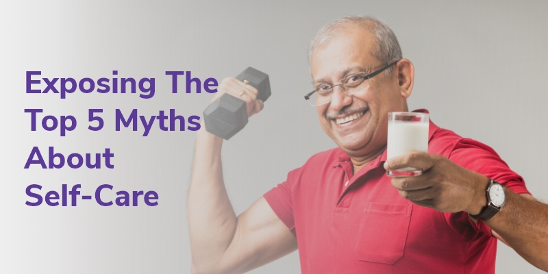 Aged man holding dumbbells in one hand and a glass of milk in the other. Next to him, a text titled 