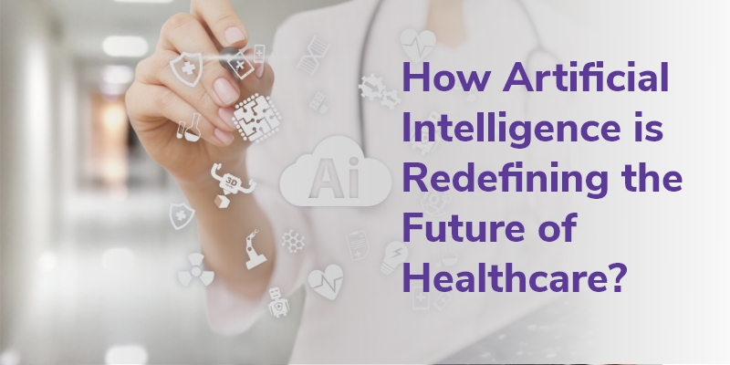 Woman touching a virtual screen containing many small icons related to artificial intelligence with a text that says, "How Artificial Intelligence is Redefining the Future of Healthcare" beside it.