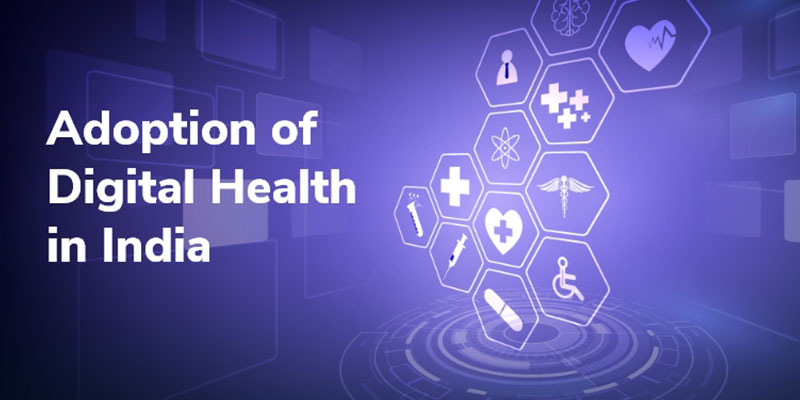 Vector illustration of health icons enclosed in small hexagons with the text Adoption of Digital Health in India displayed next to it