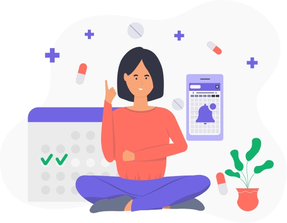 This vector illustration features an a young girl sitting and a medicine planner calendar accompanied by a pill notification symbol