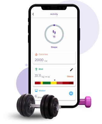 Mobile phone screen showing calories burnt and exercise related stats, black dumbells nearby