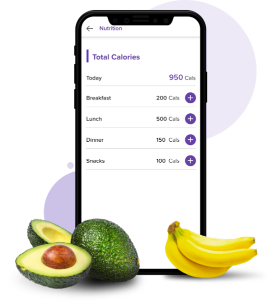 Data on calorie tracking displayed on a mobile device with a banana and avocado nearby