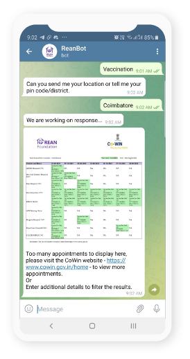 A screenshot of a mobile phone screen having details of conversation with REAN bot