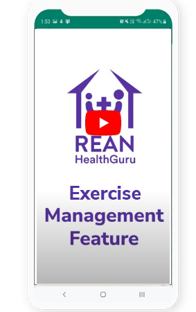 A mobile screenshot of an Exercise Management Feature video from REAN Health Guru.
