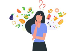 Here is an illustration of a girl trying to decide what to eat. Various fruits, vegetables, and other foods surround her
