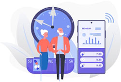 Vector image of an elderly couple with a screenshot of a medicine schedule app.