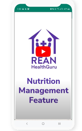 A mobile screenshot of the Nutrition Management Feature video from REAN Health Guru.