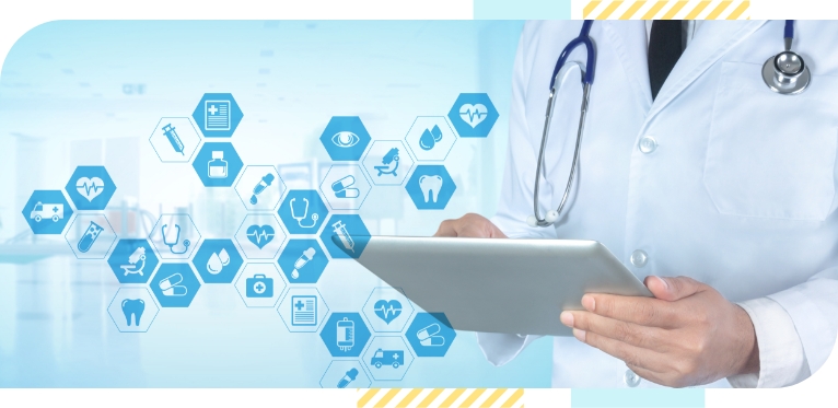 Blue icons representing health-related topics are arranged graphically in front of an image of a doctor using a tablet computer.