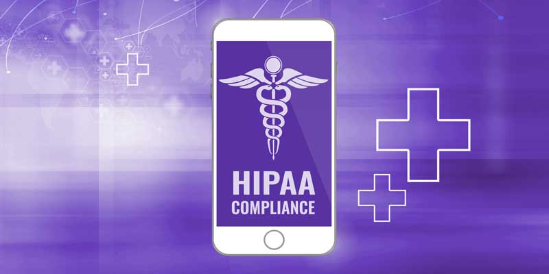 A collage with medical symbols and a mobile phone displaying HIPAA Compliance.