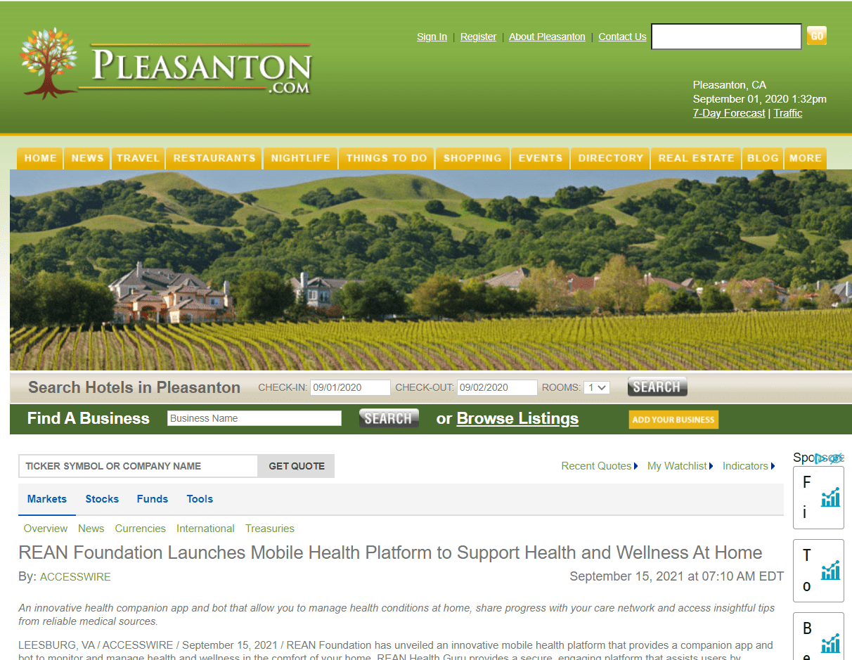 A screenshot of an article published on pleasanton.com about Rean Foundation