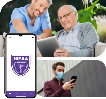 A collage of people using mobile medical app with a mobile displaying HIPAA Compliant.