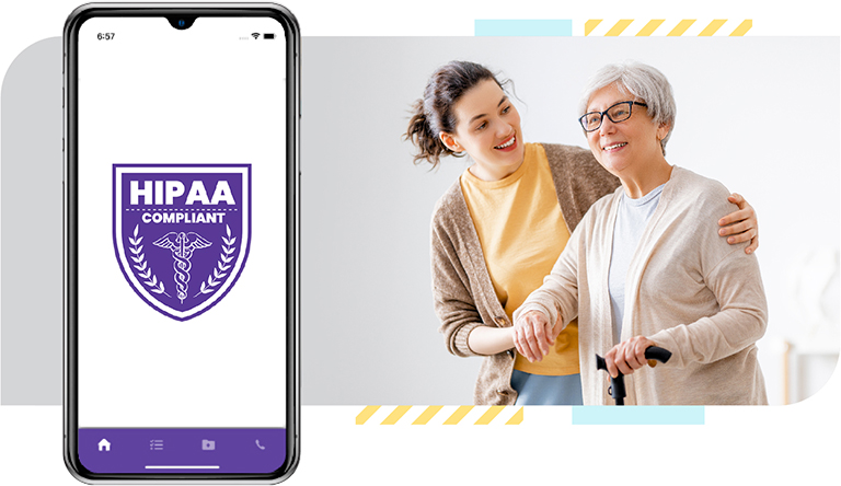 A young woman is holding and caressing a old woman with walking stick ,and a mobile screen showing the HIPAA Compliant logo