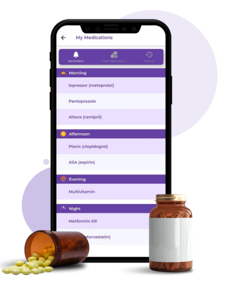 The screen of a mobile phone shows individual medication tracking stats with a closed medicine bottle and an opened bottle with lots of tablets oozing out