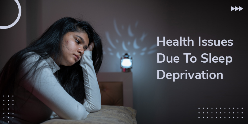3D vector illustration of a girl sleeping on bed with the text Health issues due to sleep deprivation nearby.