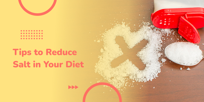 Collage with text and a vector image of a young woman following diet plan without salt.