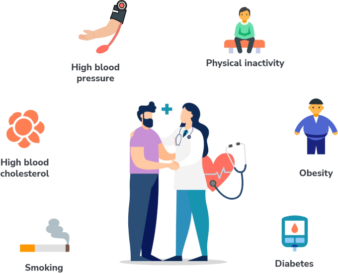 Detailed 3D vector illustration of a doctor shaking hands of a young man. Health-related icons surround the image