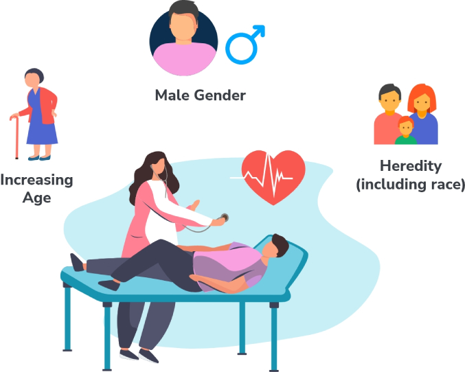 A vector collage of a doctor examining a patient and icons depicting heart risk factors that cannot be controlled