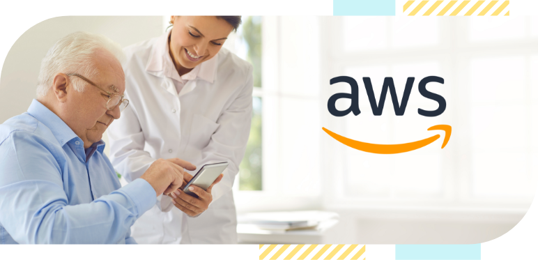 A female doctor helping an old man with a medical app on a mobile phone, "aws" logo seen aside.