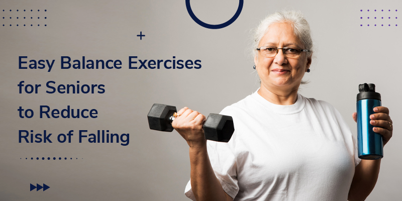 Seniors practice balancing exercises using an exercise dumbbells in a studio.