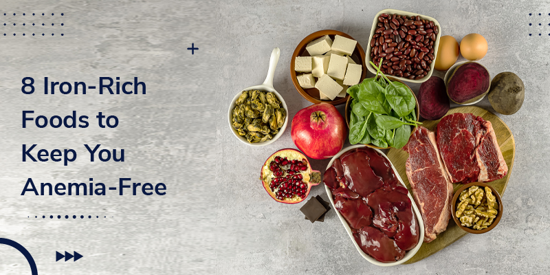 To combat anemia, iron-rich foods such as liver, beef, eggs, rye bread, dark chocolate, parsley leaves, dried apricots, beans, broccoli, beetroot, potato, nuts, and pistachios are displayed.