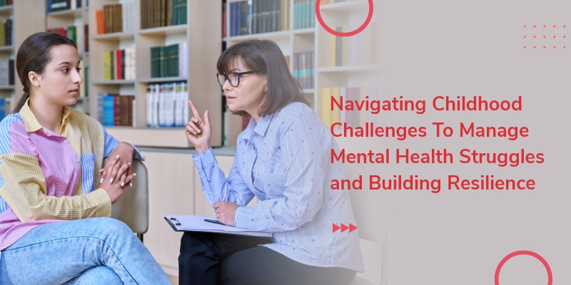 An image of a psychologist counseling a teenage student in a library about high school behavior illustrates the impact of childhood situations on mental health.