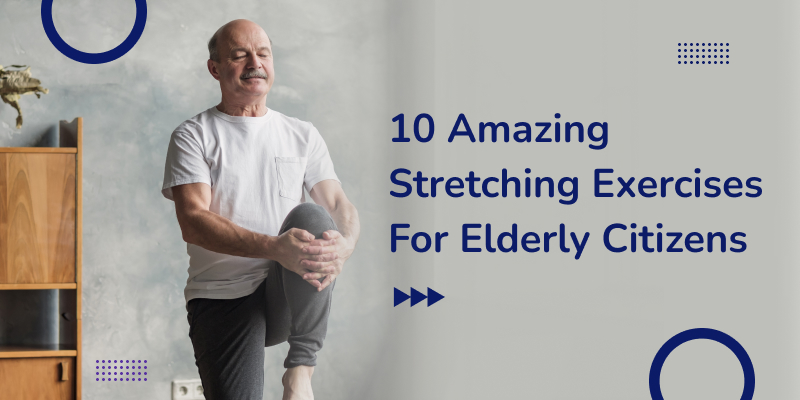 A senior man practicing stretching exercises at home.