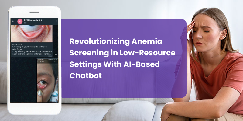 A banner image with REANs anemia bot on a smartphone and a woman showing fatigue symptoms due to anemia.