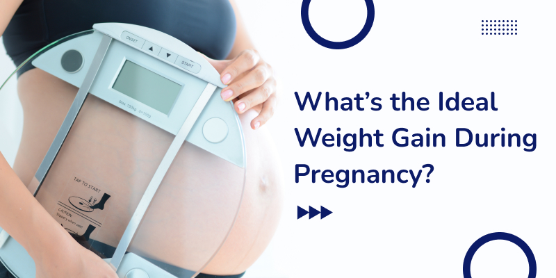 The image illustrates weight gain during pregnancy with a pregnant woman holding a scale.