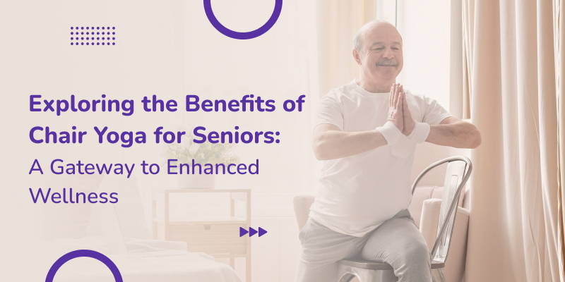 Image of an elderly man practicing yoga asana warrior using chair.