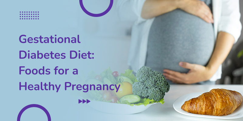 A pregnant woman standing before a healthy plate of fruits and vegetables, an example of a good meal for a gestational diabetes diet.