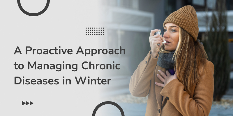 A woman using an inhaler indoors to control chronic illness symptoms during winter.