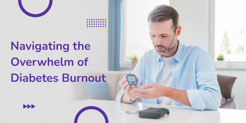 A person checking their blood sugar with a glucose meter, looking tired from diabetes burnout.